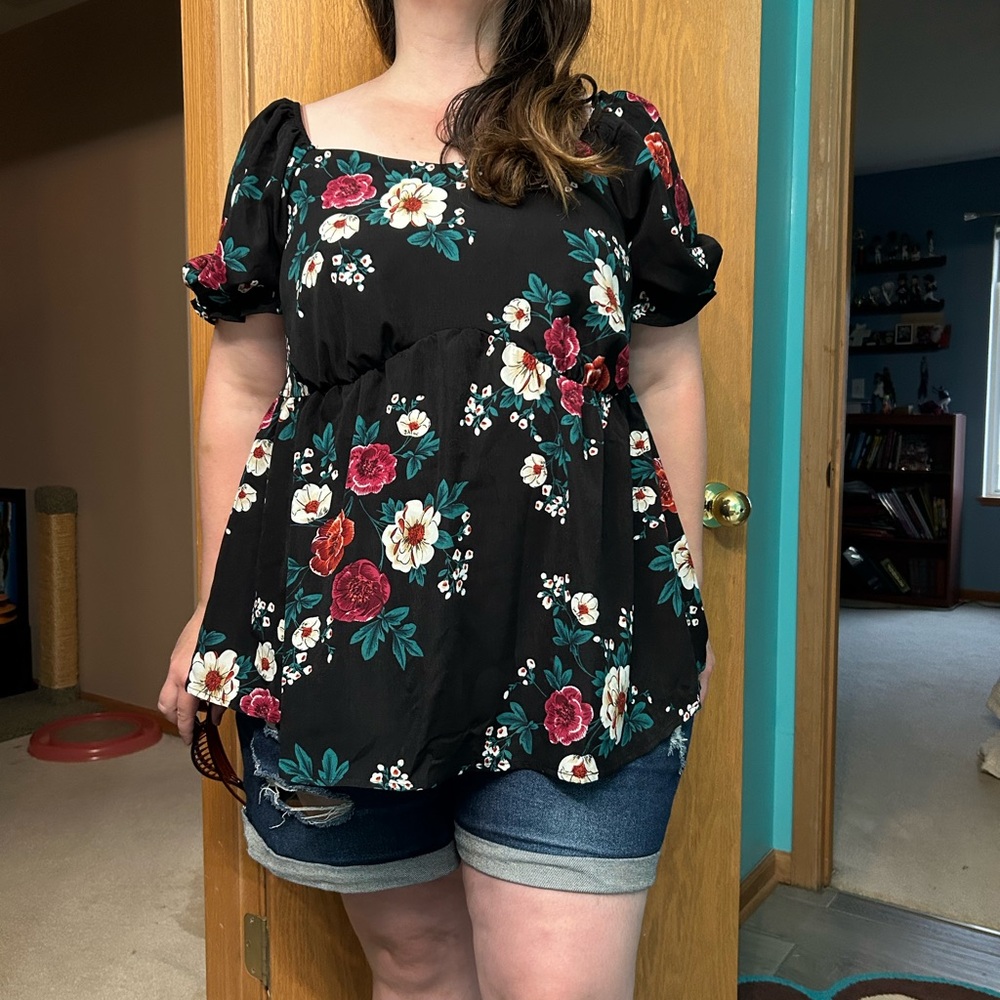 NWT Bloomchic floral top 18/20 2X Off the Shoulder Puff Sleeve Blouse black flor